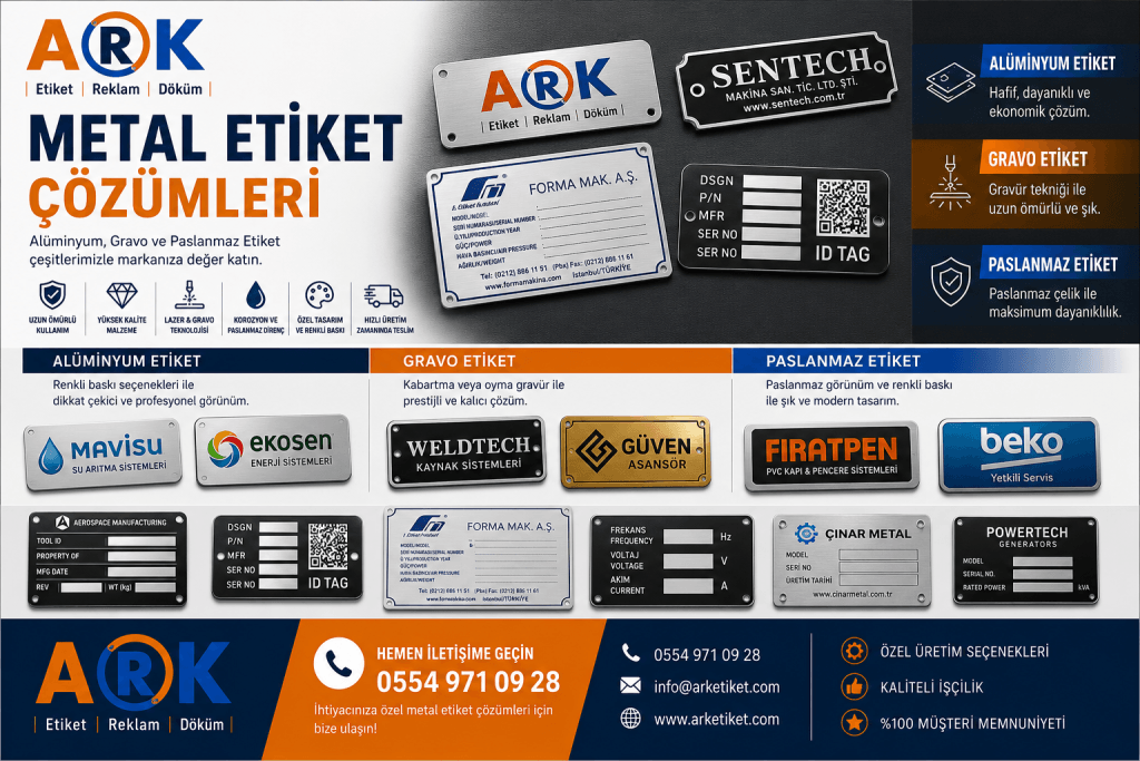 Alüminyum etiket, paslanmaz etiket ve gravo etiket örnekleri ile özel üretim metal makine bilgi etiketleri
