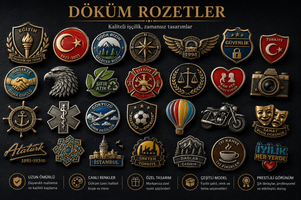 Kurumsal kullanım için üretilmiş özel tasarım metal döküm rozet.